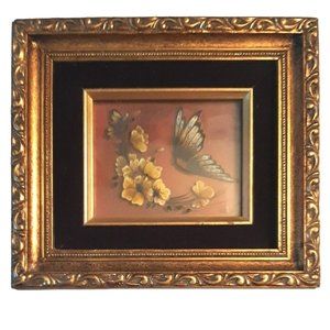 Hand Painted Butterfly Flower Painting Reverse Glass 1982